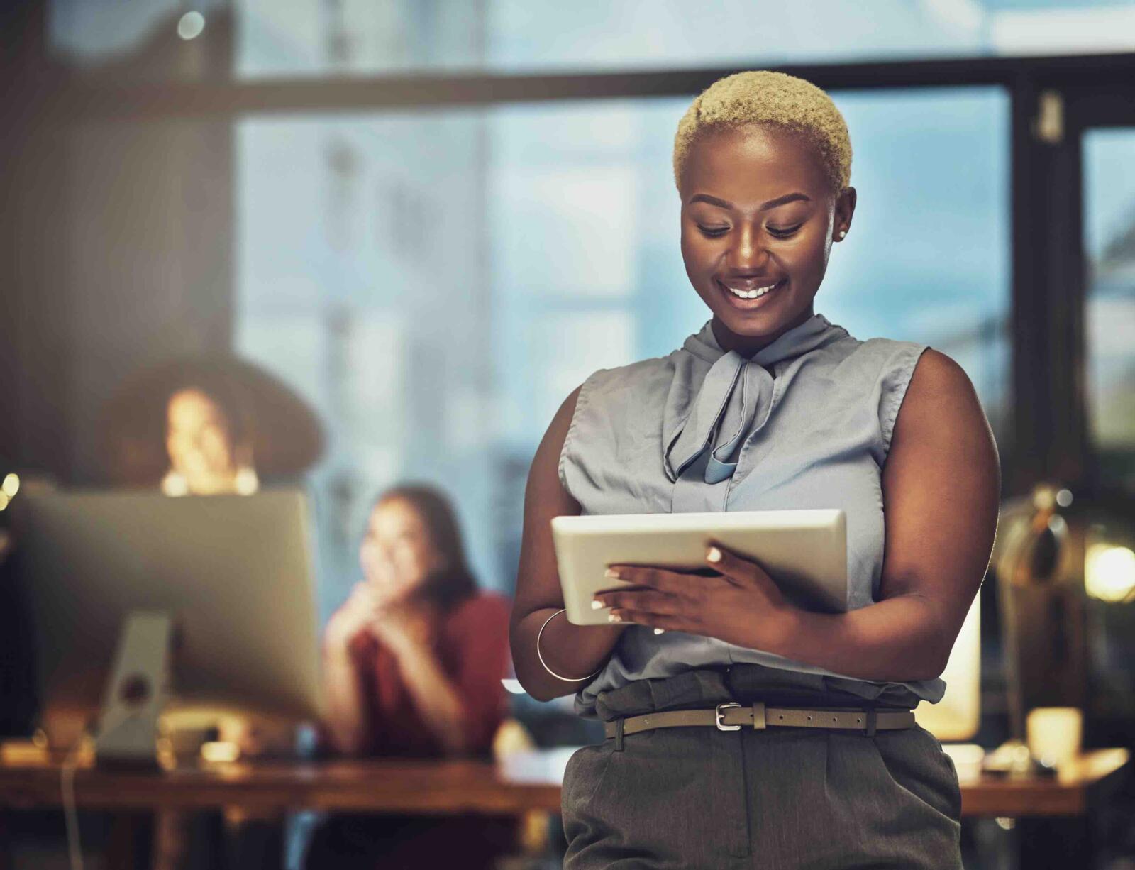 business-tablet-happy-with-black-woman-office-technology-corporate-communication-social-media-connection-internet-with-female-search-online-networking-email-website