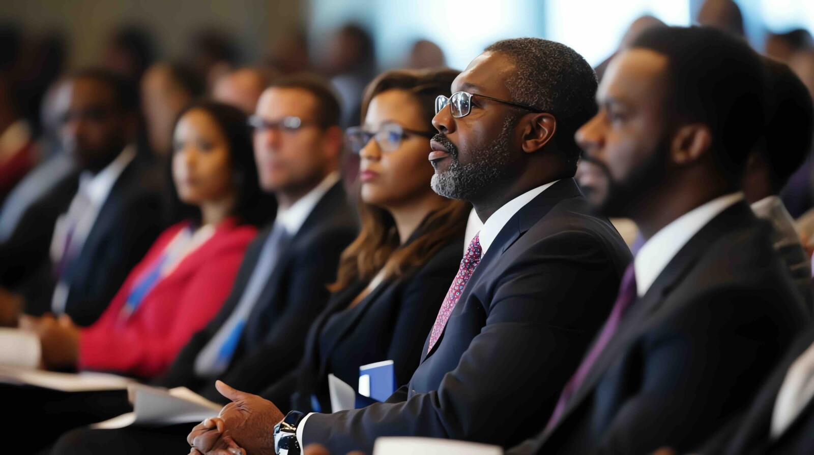 group-business-professionals-sit-conference-room-listening-intently-speaker